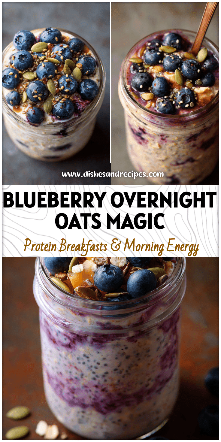Mason jar filled with Blueberry Overnight Protein Oats topped with fruit and seeds for Quick And Easy Overnight Oats.